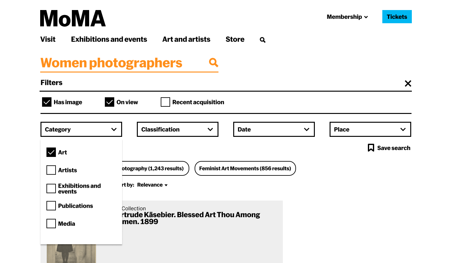 MoMA search — Other tab showing mixed content types